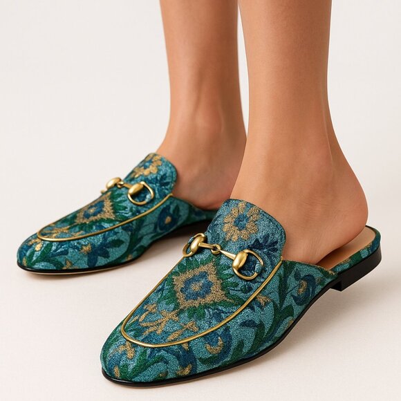 Gucci Multicolor Brocade Fabric Princetown Shoes Flat Loafers Size 37 EU 7 USA - Picture 1 of 8